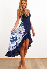 Load image into Gallery viewer, 2017 spring summer new European style blue/white deep V-neck sleeveless sexy floral print ruffles long women blue beach dress