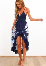 Load image into Gallery viewer, 2017 spring summer new European style blue/white deep V-neck sleeveless sexy floral print ruffles long women blue beach dress