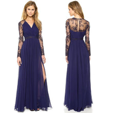 Load image into Gallery viewer, Slim Sexy Long Sleeve Deep V Neck Lace Stitching Chiffon Dress Women Elegant Maxi Summer Autumn Europ American Blue Dress